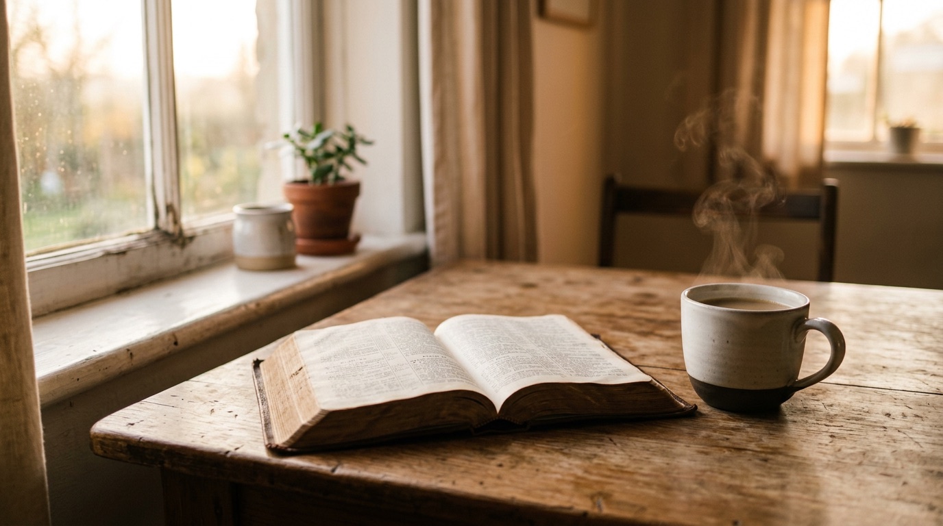 Capa do e-book De Volta à Presença: Bíblia aberta e uma xícara de café sobre a mesa, sob a luz dourada do amanhecer